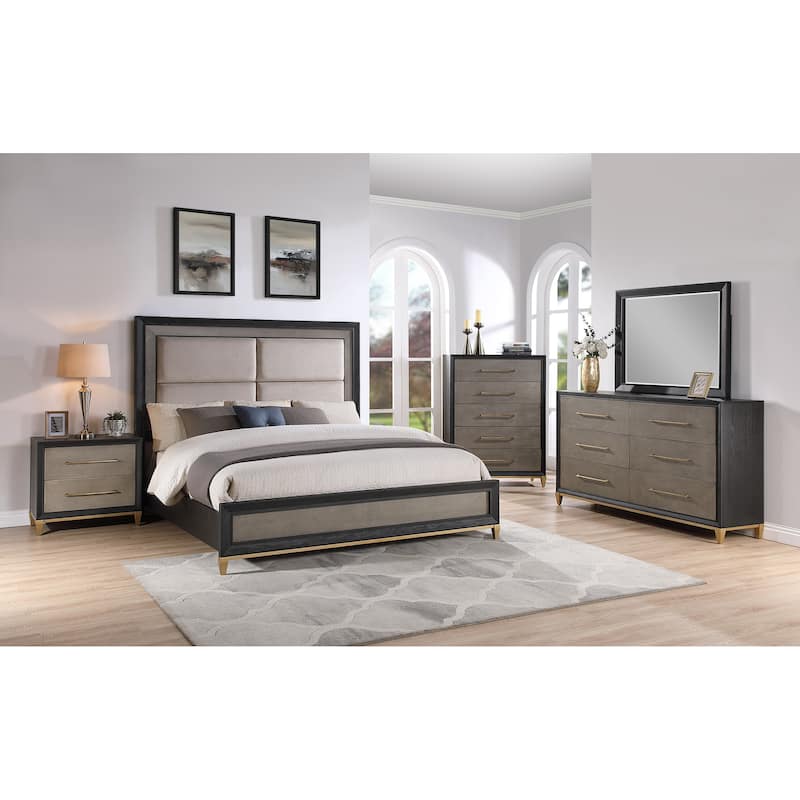 Sammy 5 Piece Black Gray Upholstered Panel Bedroom Set - Queen