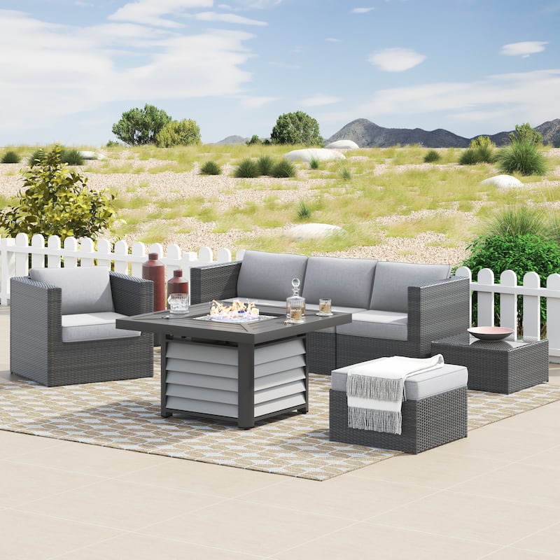 Corvus Kipling 7-piece Resin Wicker Patio Sectional Conversation Fire Pit Set