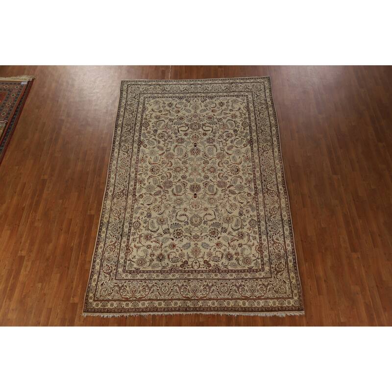 Hand Knotted Oriental 100% Wool Carpet Traditional All-Over Beige & Ivories Tabriz Area Rug - 11' 0'' X 7' 0''