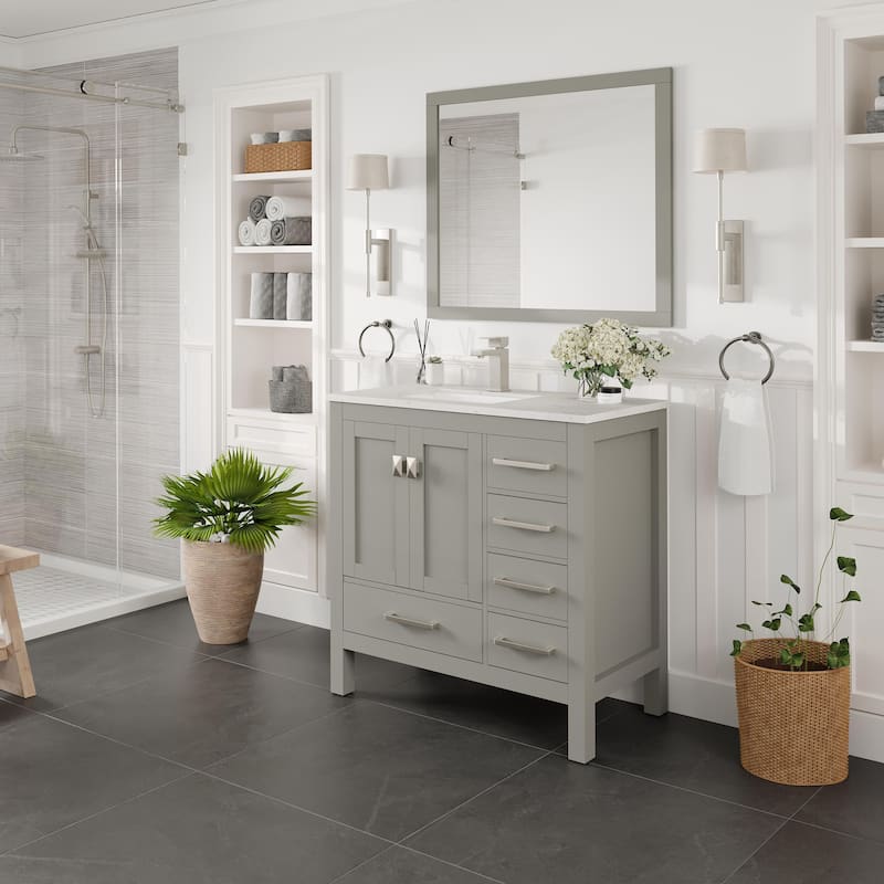 Eviva London 38"W x 18"D Gray Single Sink Bathroom Vanity with White Carrara Quartz Vanity Top and Rectangular Undermount Sink