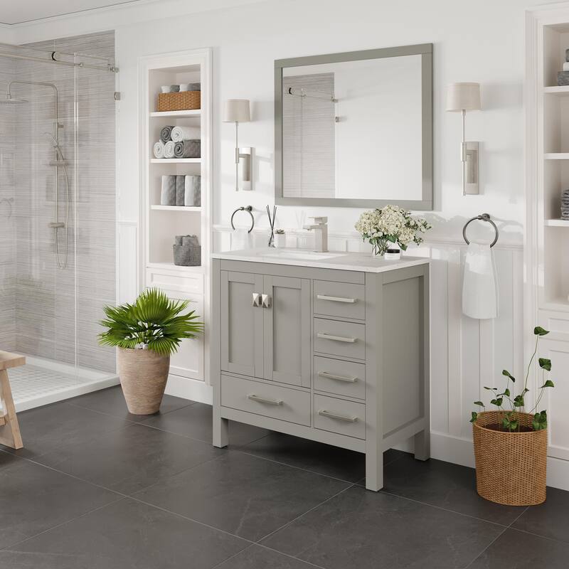 London 38"W Gray SS Bath Vanity with White Carrara Quartz Top