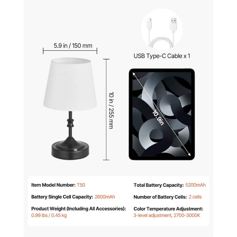 Cordless Rechargeable Table Lamp with Adjustable Brightness and Fabric Shade - 5.9 x 5.9 x 10 inch