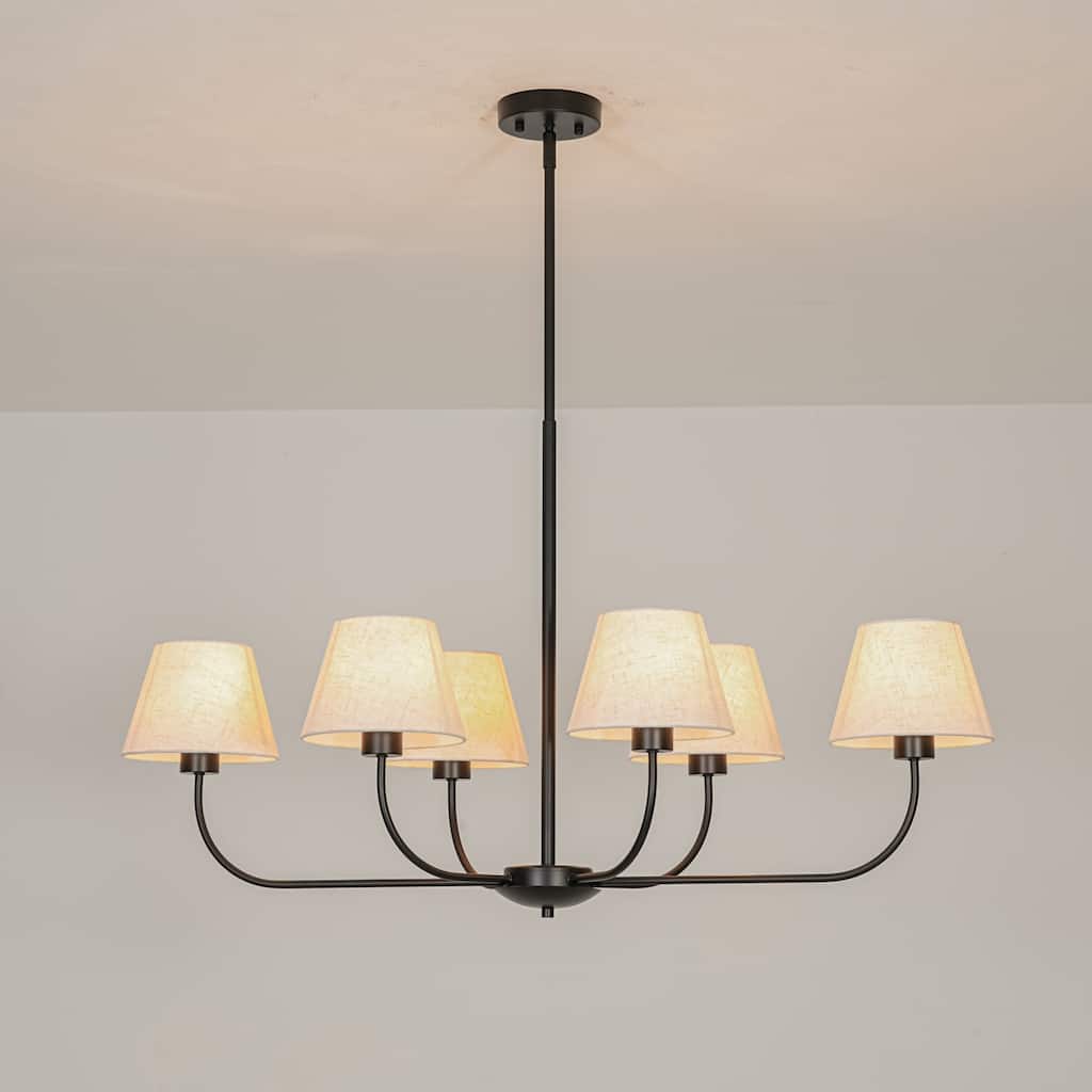 39.37 in. 6-Light Modern Farmhouse Sputnik Black Linear Chandelier with Linen Fabric Shades
