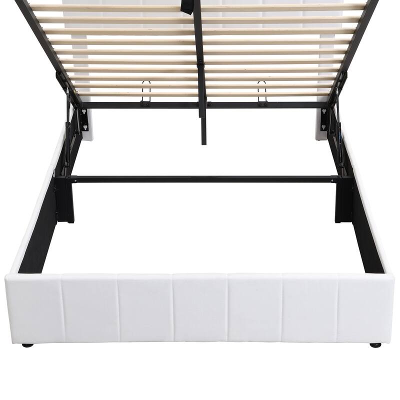 Queen Size Upholstered Platform Bed Frame with Hydraulic Lift Storage, Linen Fabric Headboard & Solid Wood Slat Support