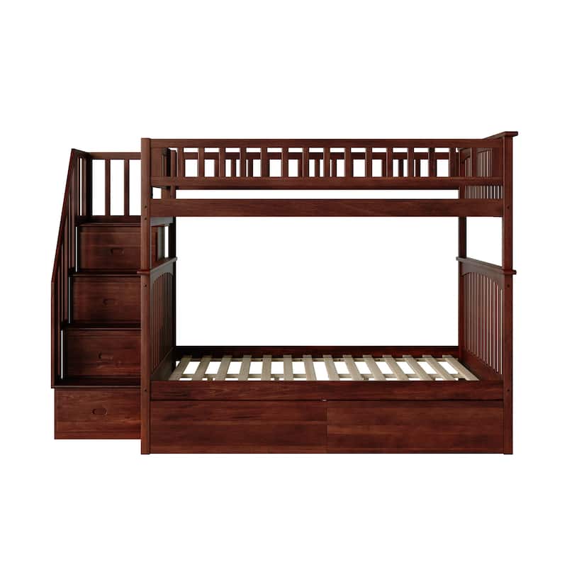 AFI Columbia Full over Full Size Staircase Bunk Bed with Bed Drawers & Charging Station in Walnut