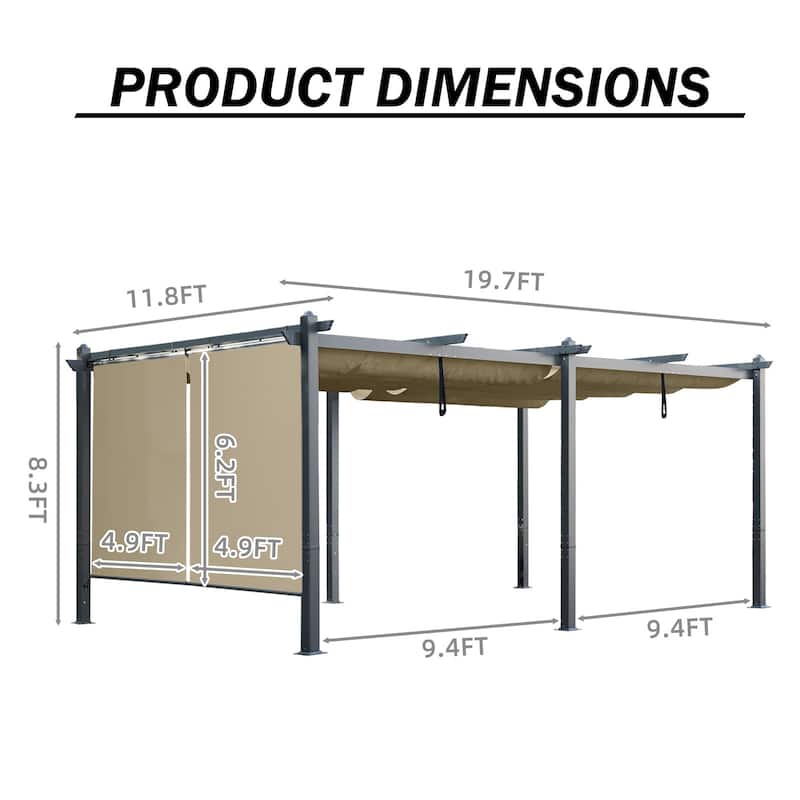 Aoodor 12' x 20' Outdoor Pergola with Retractable Shade Canopy & Aluminum Frame