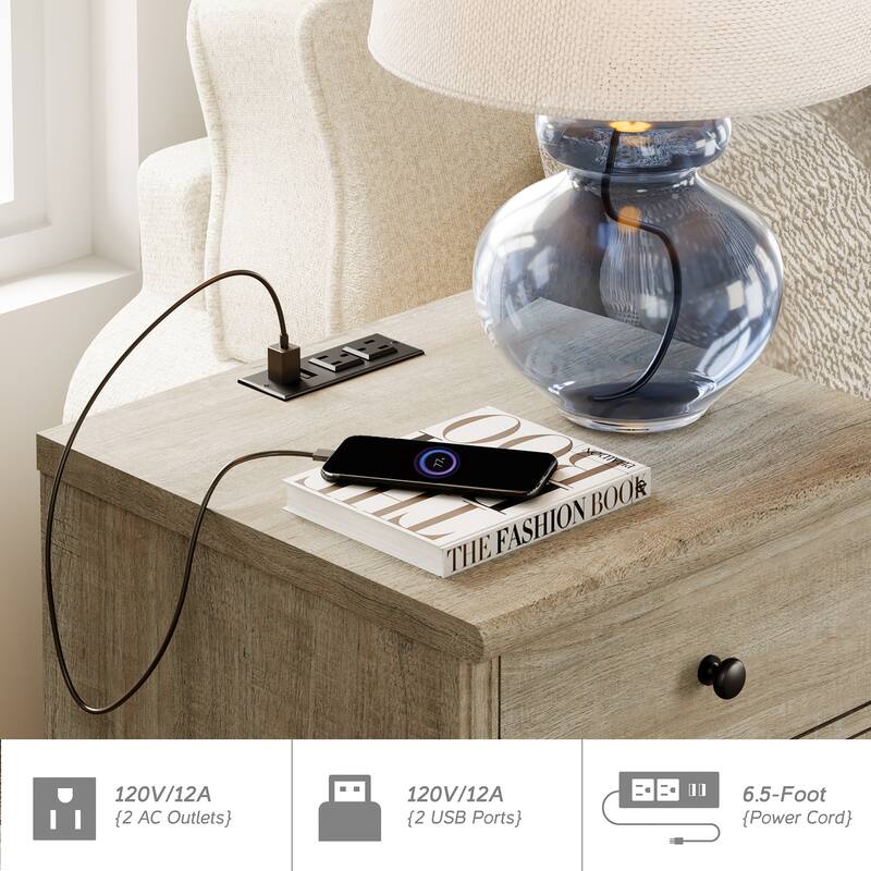 Set of 2 End Tables with Charging Station & Drawer Storage Cabinet