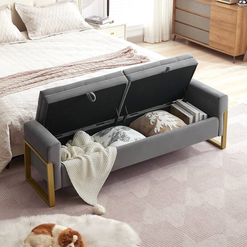66" Storage Bench for Bedroom End of Bed with Double Lids and Gold Legs