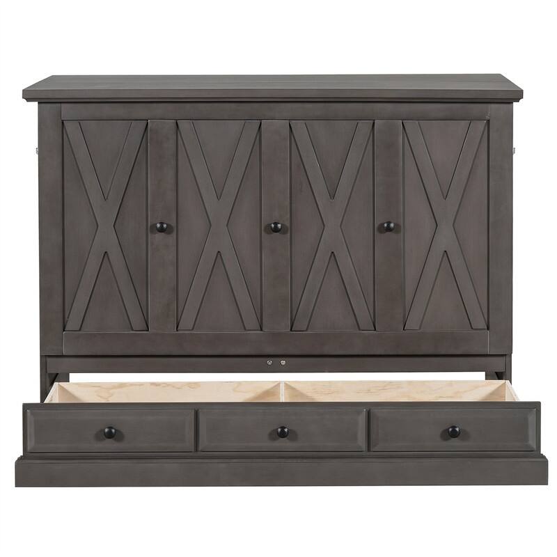 Solid Pine Murphy Bed Chest Cube Cabinet Bed with Charging Station and Large Storage Drawer, Full/Queen Size Murphy Bed Cabinet