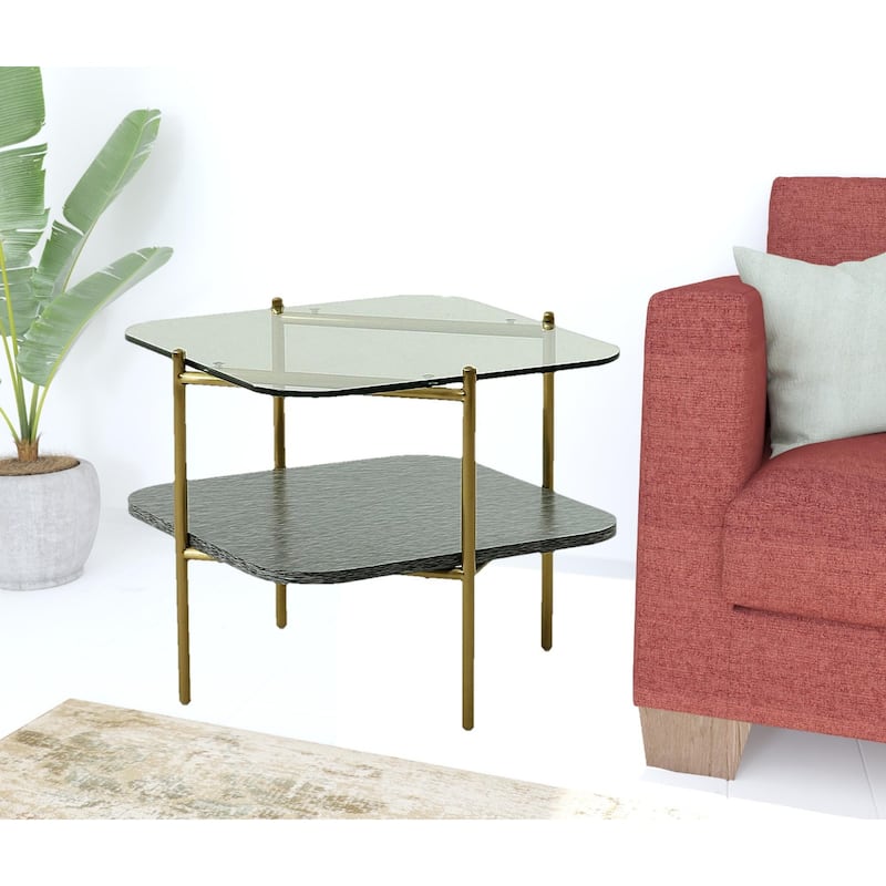 20" Gold Metal and Clear Glass Square Side End Table with Shelf for Living Room or Bedroom - 19.7"H x 23.6"L x 23.6"W