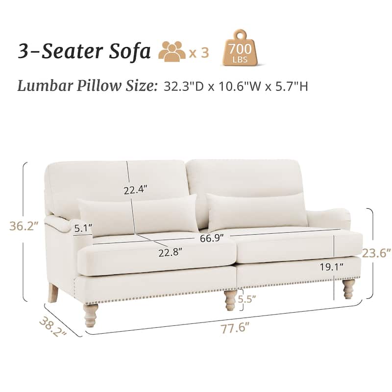 77.6''W Modern 3-Seat Sofa with Solid Wood Frame and Comfortable Cushions for Living Room