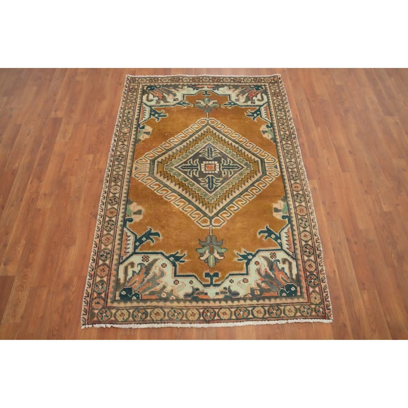 Hand Knotted Oriental 100% Wool Carpet Traditional Medallion Oranges & Rust Tabriz Area Rug - 5' 2'' X 3' 7''