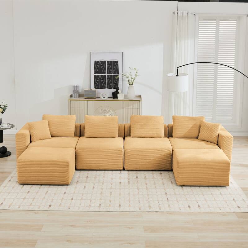 U-shaped Corduroy Sectional Sofa with 2 Large Ottomans, Square Arms & Ottoman Extension