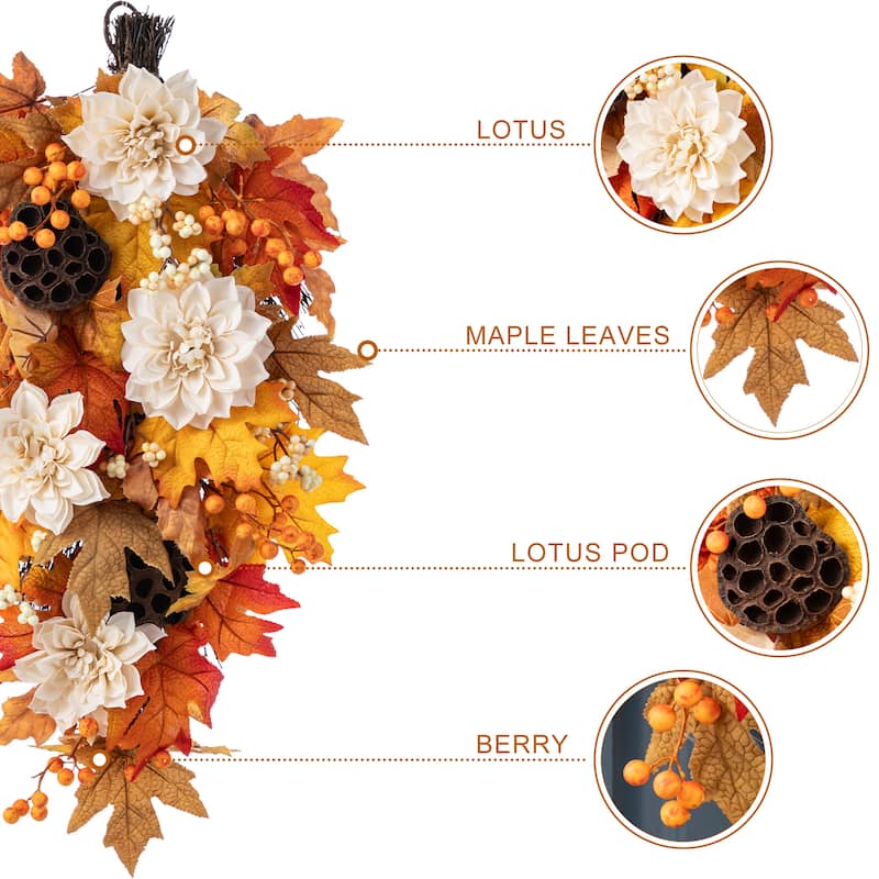 Glitzhome Hello Fall Lotus Berry Floral Wreath Swag with Black Metal Wreath Hanger