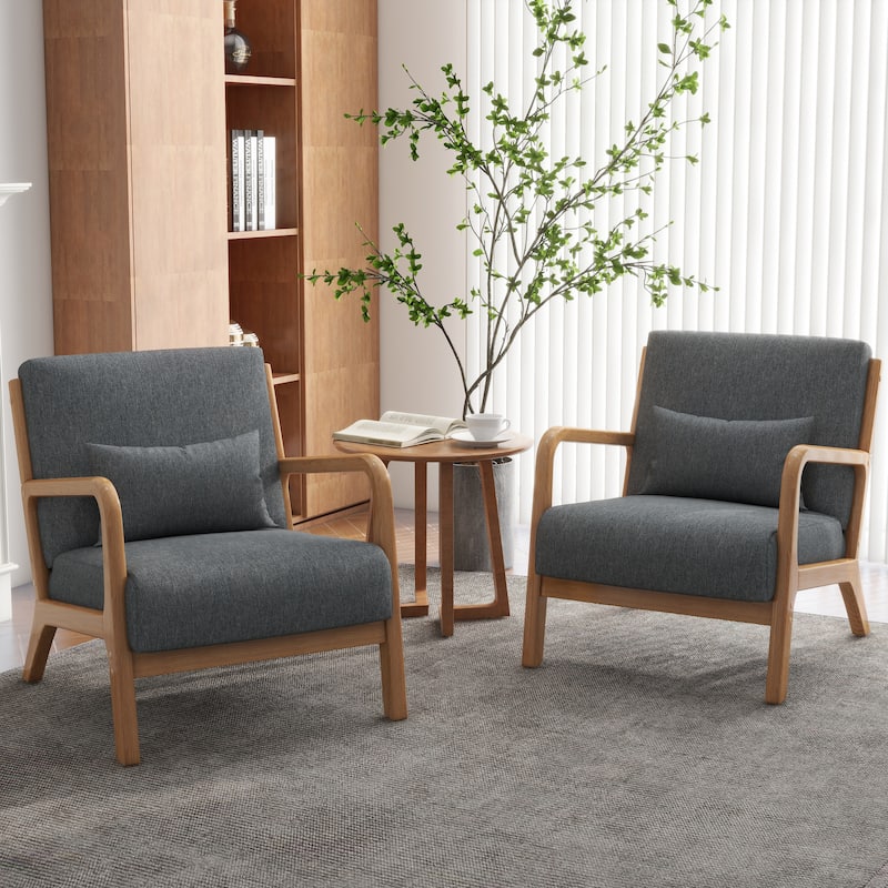 Upholstered Armchair Accent Chairs with Pillows Set of 2 - Natural Wood/Linen - Grey/Linen/Natural Wood