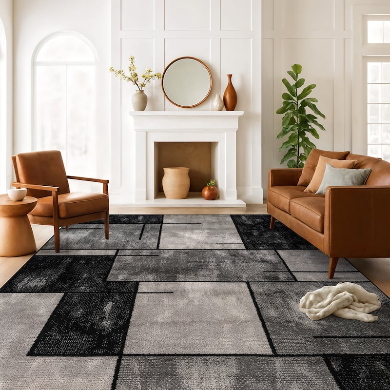 Modern Linear Area Rug for Living Room, Bedroom, or Entryway - Low Pile Indoor Rug - Black - 7' 10" x 10'