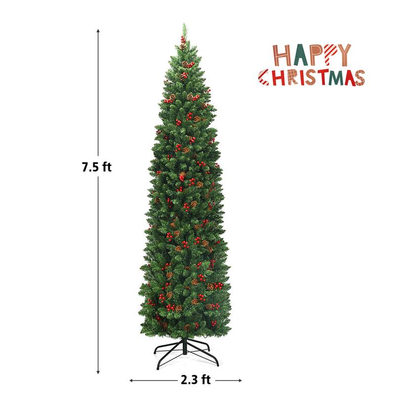 Gymax 7.5Ft Pre-Lit Pencil Christmas Tree Hinged Artificial Slim Tree - See Details