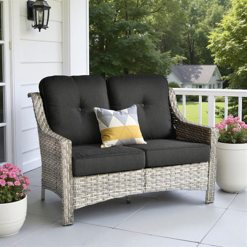 XIZZI Patio Wicker Loveseat with Cushions Outdoor 2-Seater Sofa for Patio, Deck, or Backyard - Black