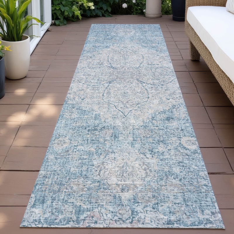 Machine Washable Indoor/Outdoor Traditional Global Chantille Rug - Denim - 2'3" x 7'6"