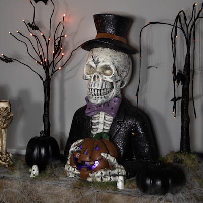 LED Lighted Skeleton with Jack-O-Lantern Halloween Decoration - 23.5"