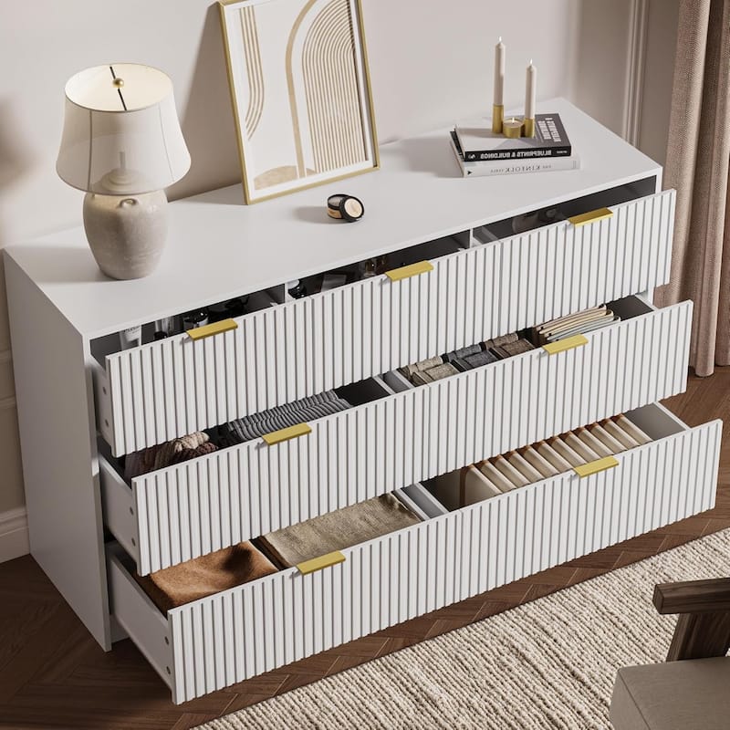 7 Drawer Dresser Fluted Wood Clothes Storage Cabinet, Modern Wide Dresser for Bedroom
