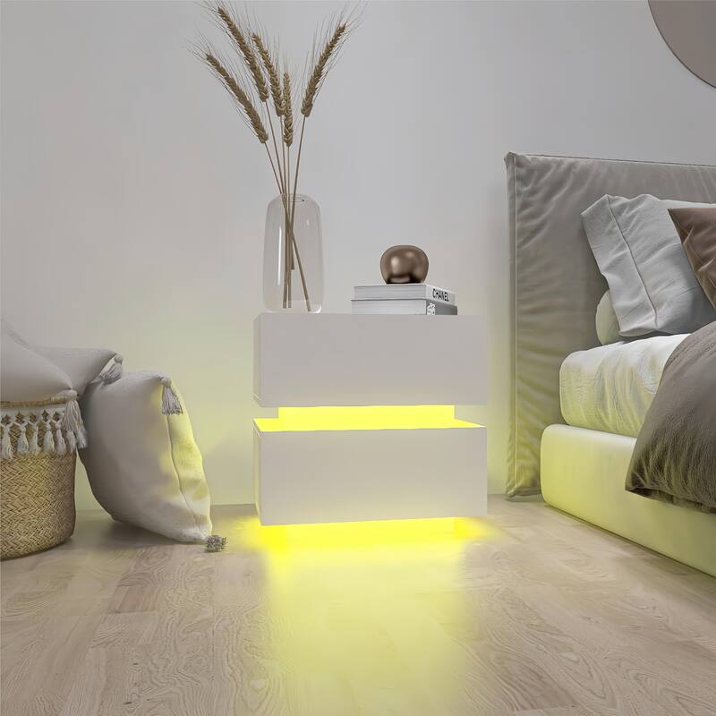 White Color High Glossy 2 Drawers Bedside Table with RGB Led Light Nightstand with Bluetooth Control - White