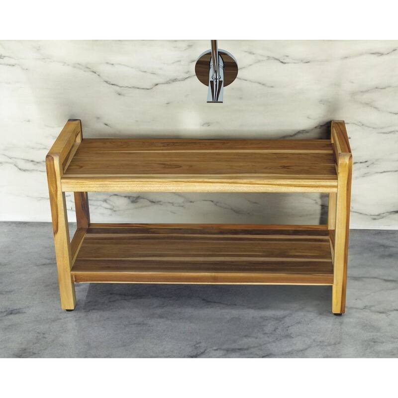 HomeRoots 35" Natural Teak Rectangular Shower Bench With Shelf