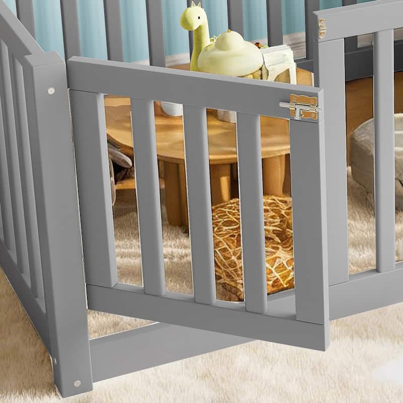 Montessori Floor Bed with Safety Guardrails & Door, Kids Low Profile Frame, Available in Queen/Full/Twin