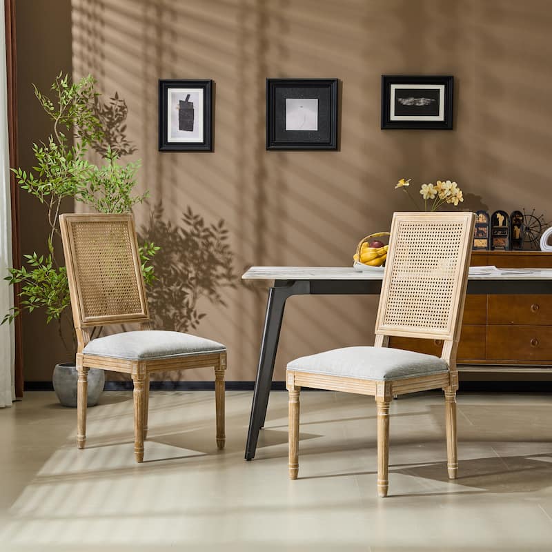 [Set of 2] French Country Dining Chairs - Elegant Cane Backrest & Upholstered Seats with Fluted Legs- Solid Rubberwood Frame