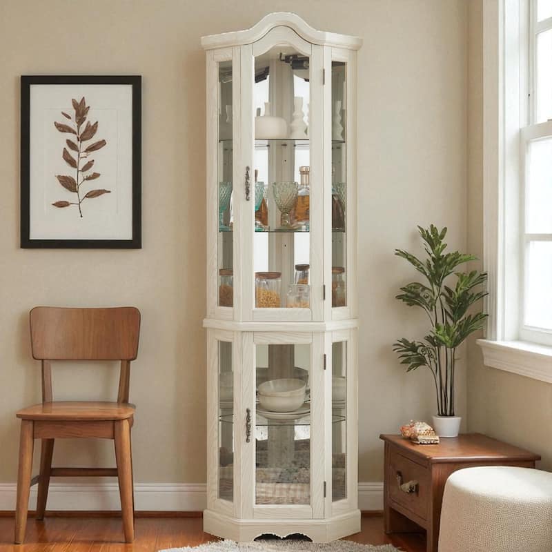 Lighted Corner Curio Cabinet with Tempered Glass Doors, Adjustable Shelves, Oak Finish Display Storage for Home Decor - White
