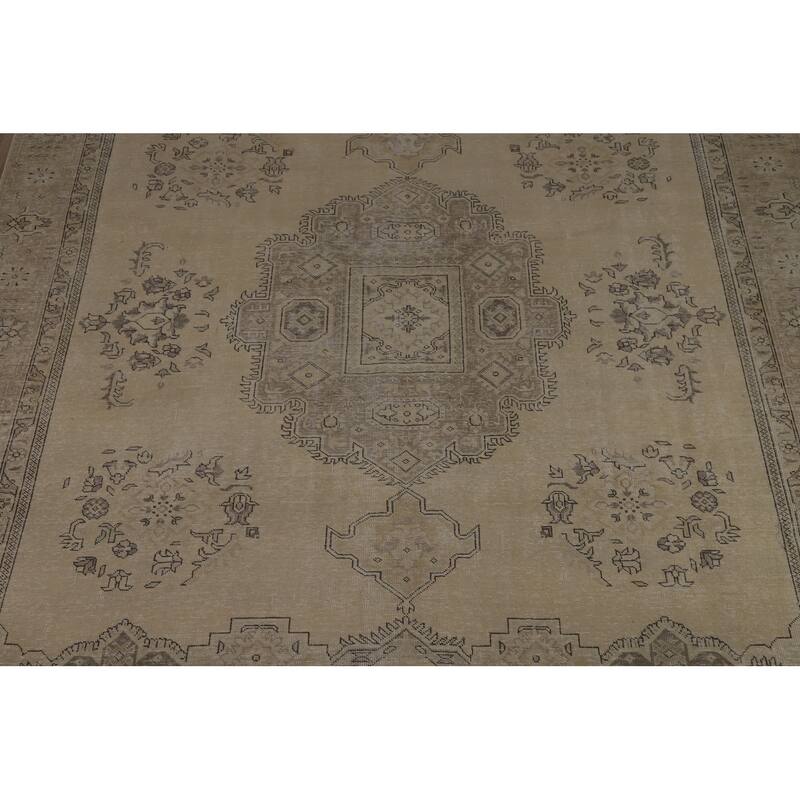 Geometric Beige Tabriz Persian Vintage Rug Handmade Wool Carpet - 8'11" x 11'5"