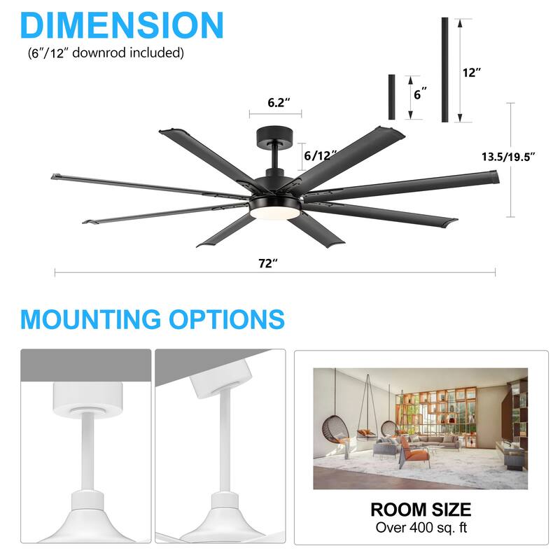 72-inch Black Integrated LED Ceiling Fan with Light and Remote (8- Aluminum Blades)