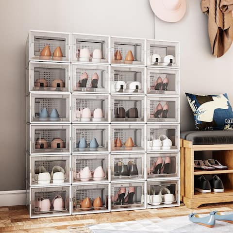 24 Pack Shoe Storage Box, Plastic Foldable Shoe Box, Stackable Clear Shoe Organizer