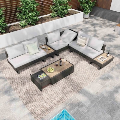 6-Person Diamond Weave Patio Sectional with Ice-Bucket Coffee Table