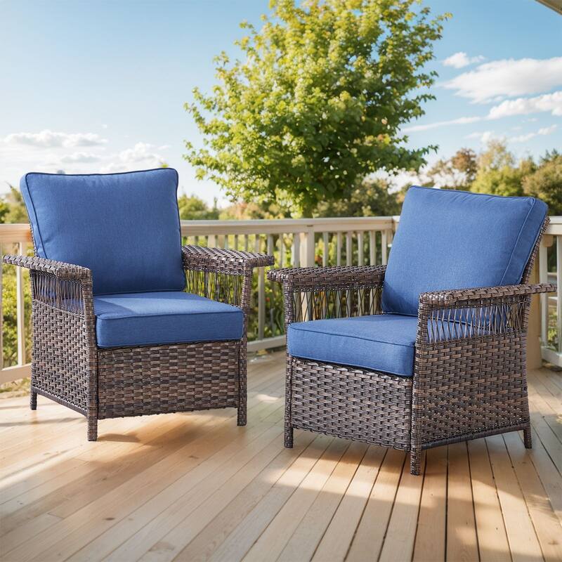 Outdoor Wicker Furniture Couch Set - Brwon Wicker Blue Cushion - 2PCS Patio Chairs