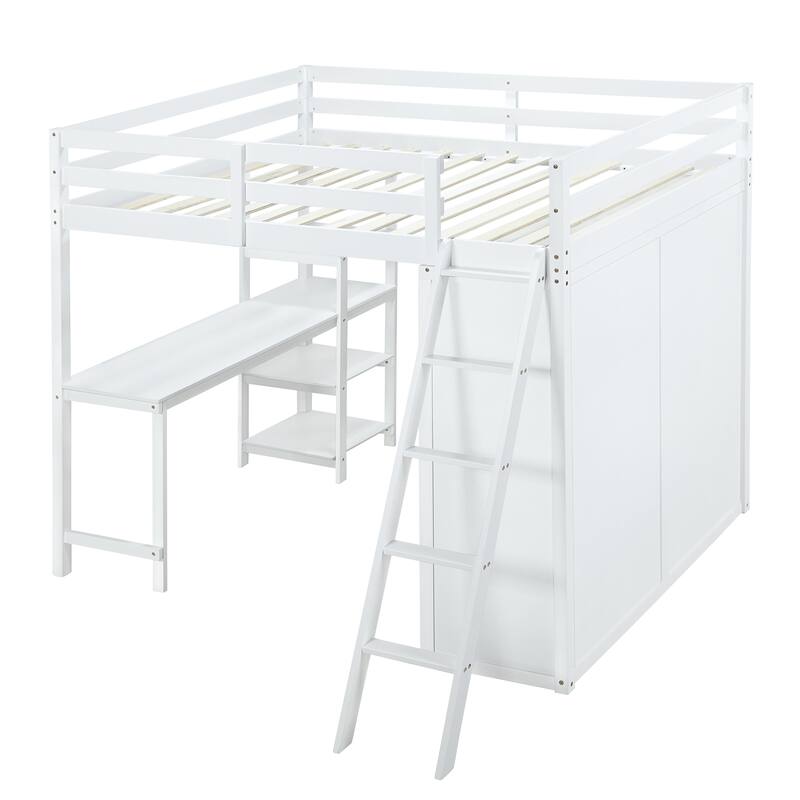 Twin/Full Size Wood Loft Bed with Built-in Desk, Wardrobe and Ladder