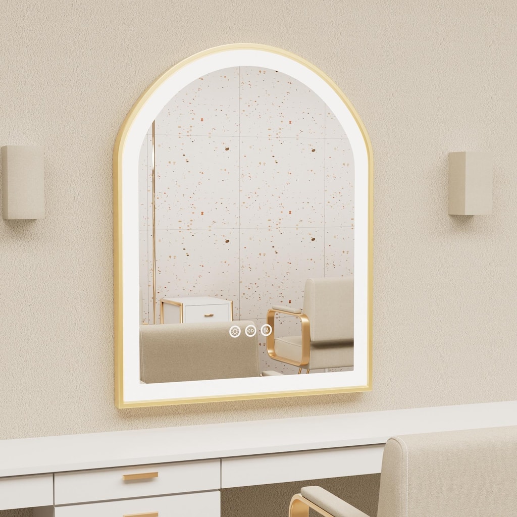 Gold Aluminum Arched Frame Bathroom Vanity Mirror Dimmable