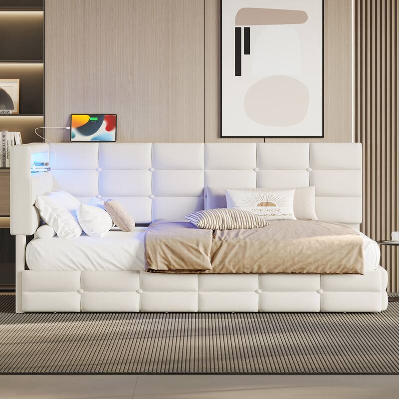 Upholstered Twin Size Daybed with Storage 2 Drawers and Charging Station