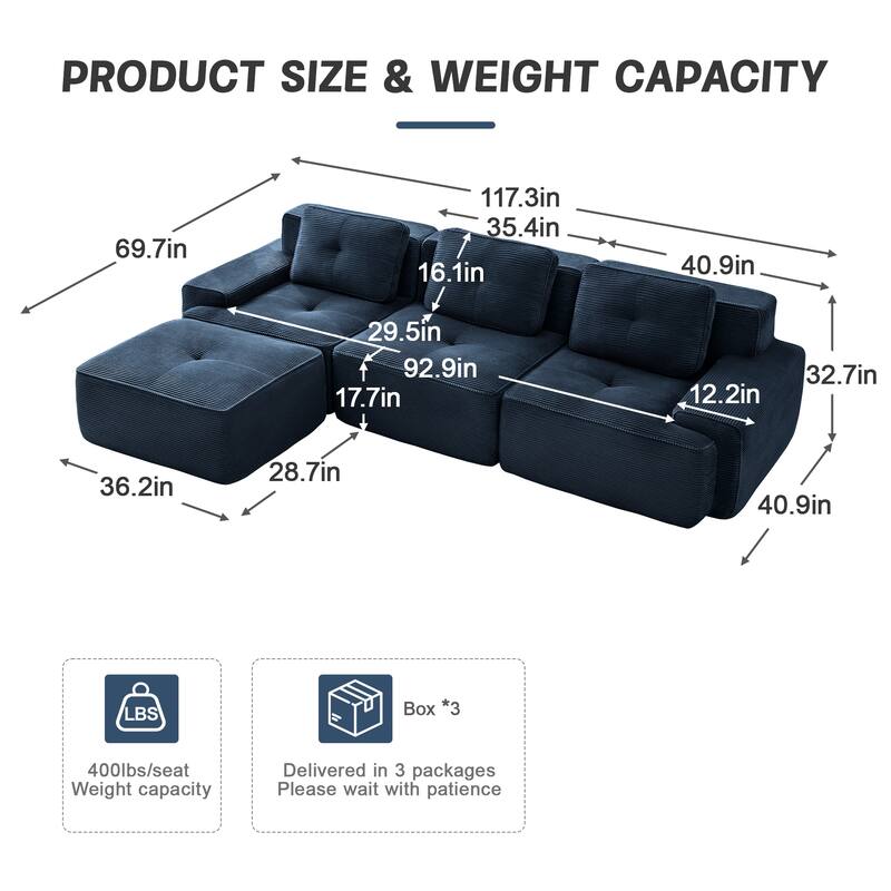 L-Shaped Modular Sectional Sofa with Movable Ottoman, Corduroy Boneless Cloud Couch, Tufted Deep Seat Sofa with 3 Pillow