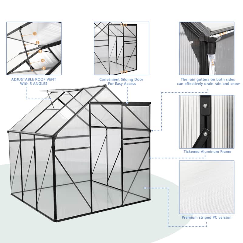 BLACK Polycarbonate Greenhouse Raised Base and Anchor Aluminum Heavy Duty Walk-in Greenhouses for Outdoor Backyard in All Season
