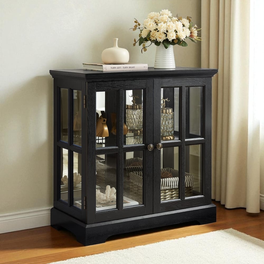LED Lighted Curio Display Cabinet with Adjustable Shelves, Retro Glass Showcase and Lattice Doors