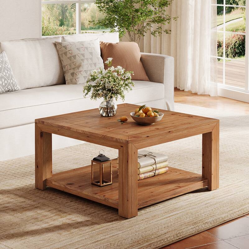 Square Coffee Table with Storage, 31.5-inch Solid Wood Center Table