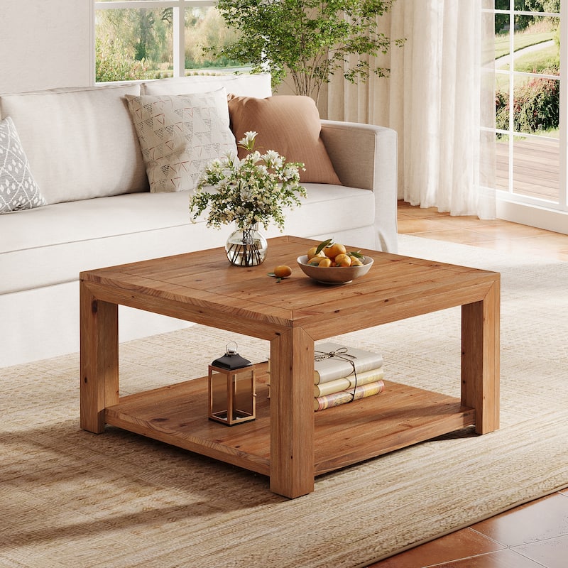 Square Solid Wood Coffee Table, Open Storage Shelf Living Room Center Cocktail Accent Table