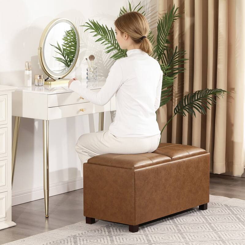 Adeco Rectangle Faux Leather Storage Ottoman with Dual Flip-Top Trays - 31.1"X15.4"X15.7