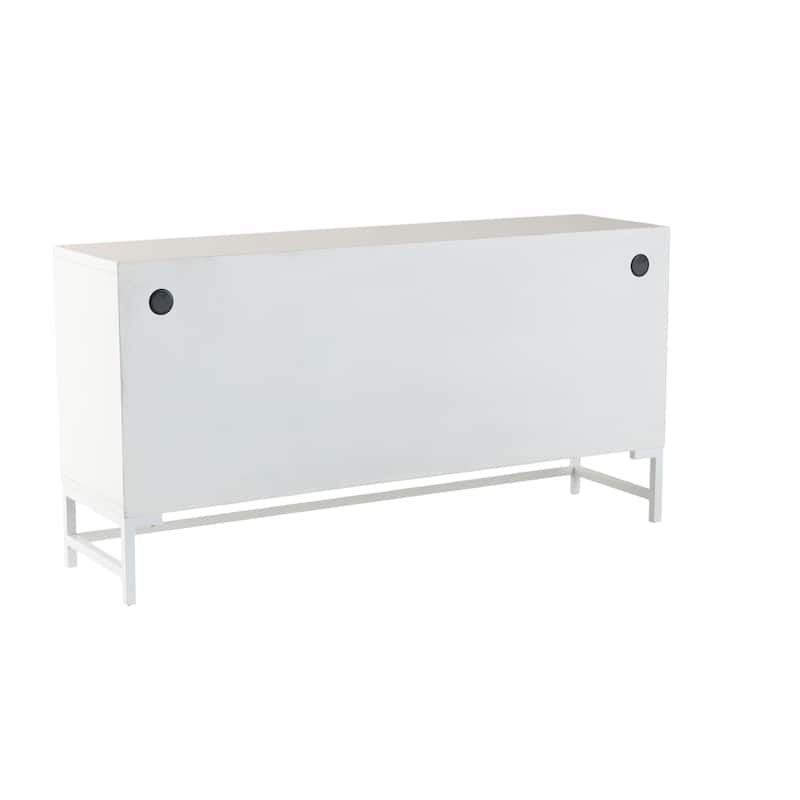 Wooden 4 Door Sideboard with Brown Woven Rattan Doors and Metal Base - White - Roche River Decor - 16"W x 60"L x 31"H