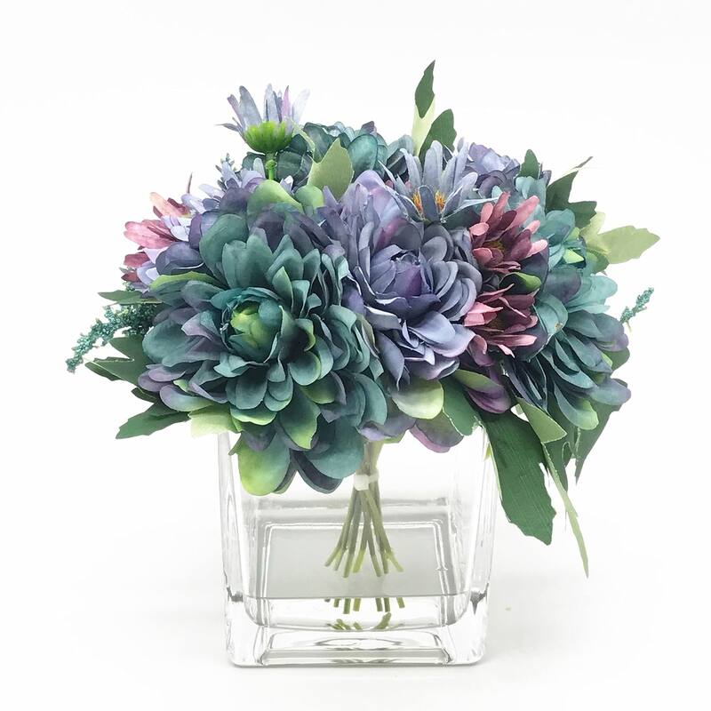 Enova Home Artificial Daisy and Mixed Fake Silk Flowers Arrangement in Clear Glass Vase with Acrylic Water for Home Office Decor - green
