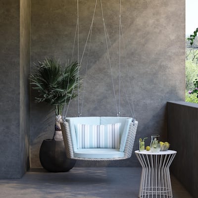 Poolside Gossip Collection, Sally Patio Swing, Aqua Haze Cushions, Light Taupe Wicker