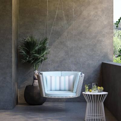 Poolside Gossip Collection, Sally Patio Swing, Aqua Haze Cushions, Light Taupe Wicker