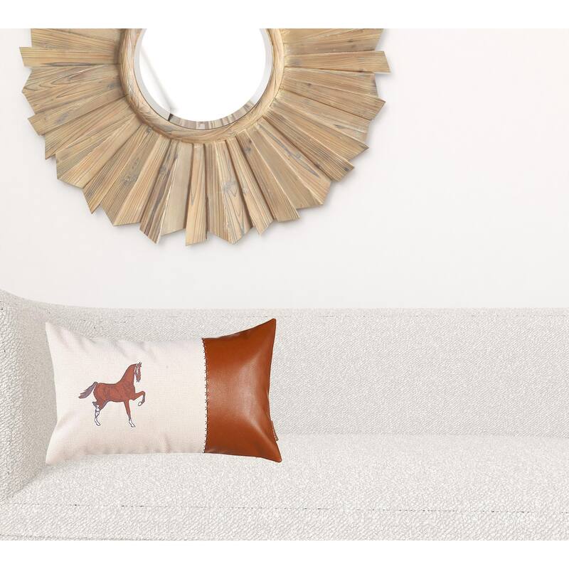 HomeRoots 20" X 12" Beige Horse Animal Print Zippered Handmade Faux Leather Lumbar Pillow With Embroidery