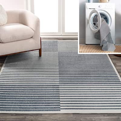 JONATHAN Y Slinger Minimalist Striped Plaid Machine-Washable Dark Gray/Cream Area Rug